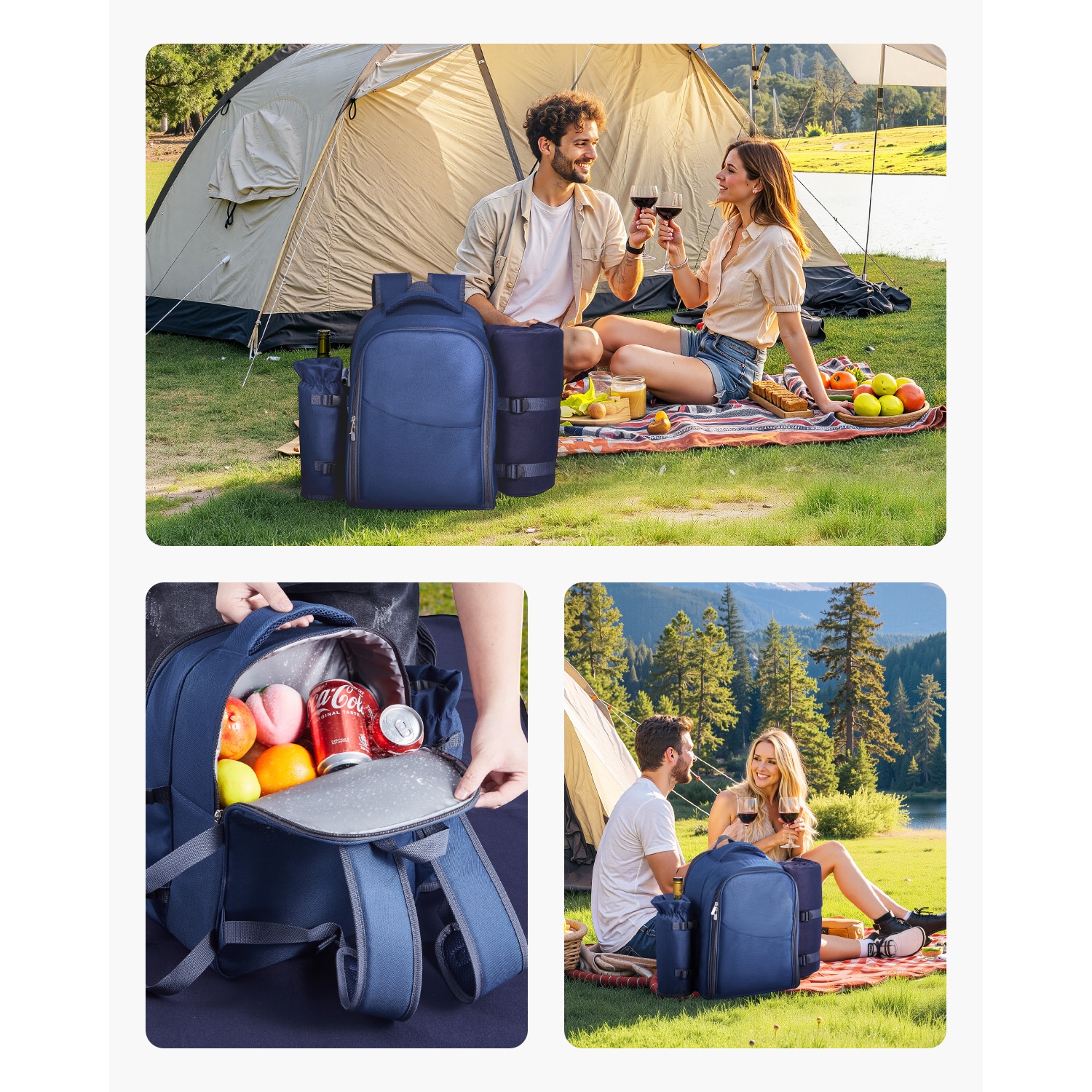 Beach Picnic Backpack Bag For 2 Person With Cooler Compartment Navy Blue_voghion.com